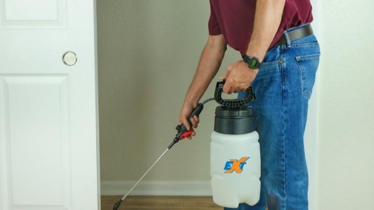 Pest control technician exterminates pests inside house.